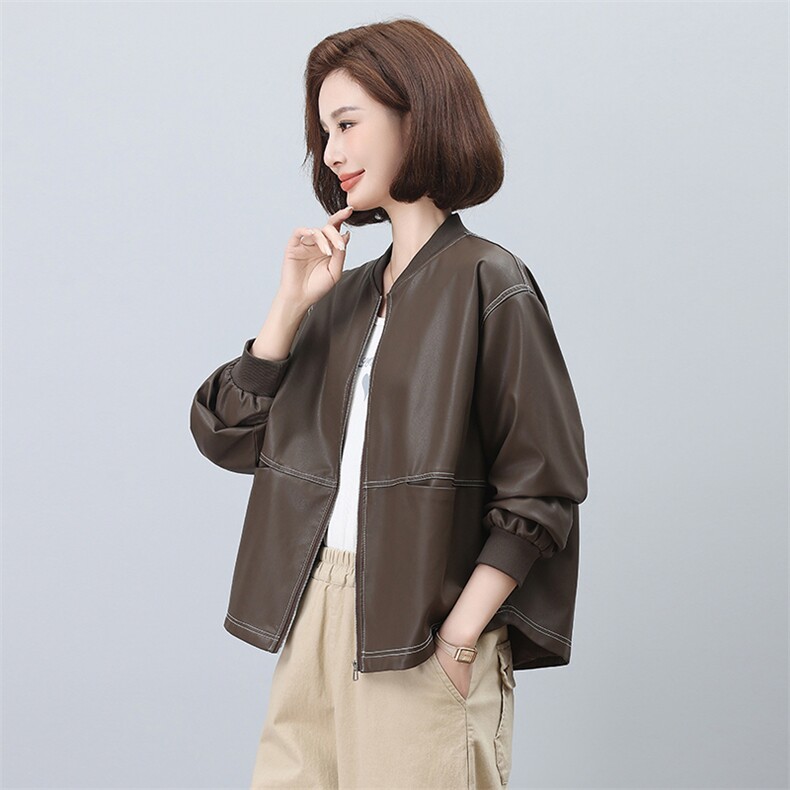 PU皮衣女短款2025年新款小个子中年妈妈时尚棒球服春秋季夹克上衣,女装皮衣,希欧阁