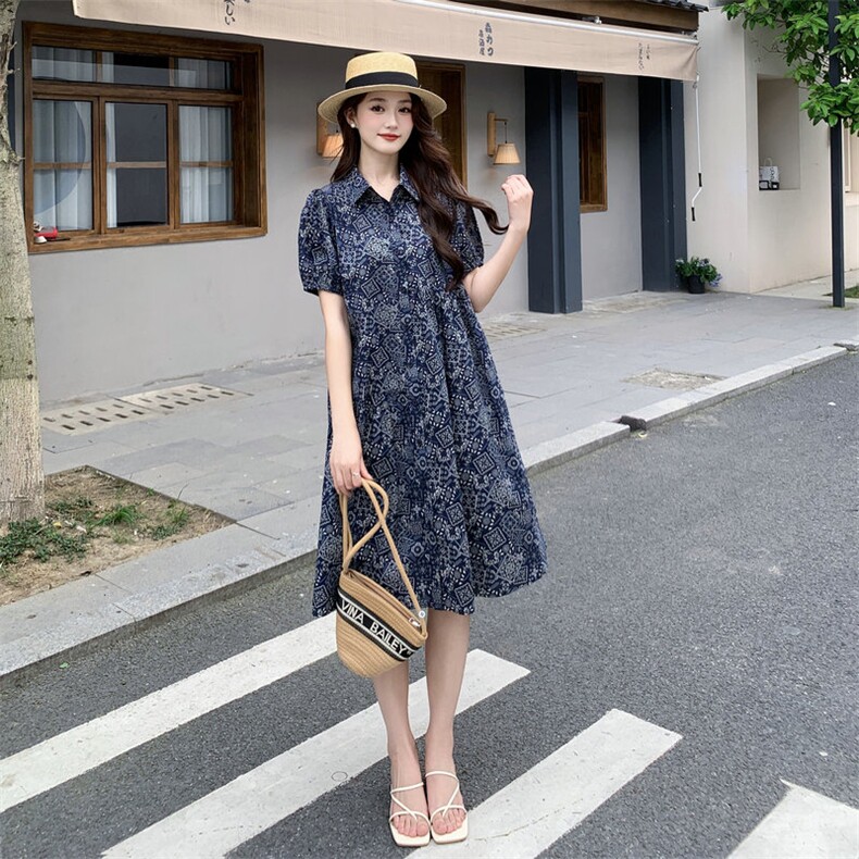 复古印花纯棉连衣裙女2025新款夏季宽松收腰显瘦超好看休闲衬衫裙,女装连衣裙,MQ