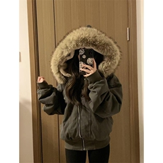 现货重磅boxy短款棉衣座山雕大毛毛领男女棉服水洗工装厚外套，男装棉衣，电商A486-1