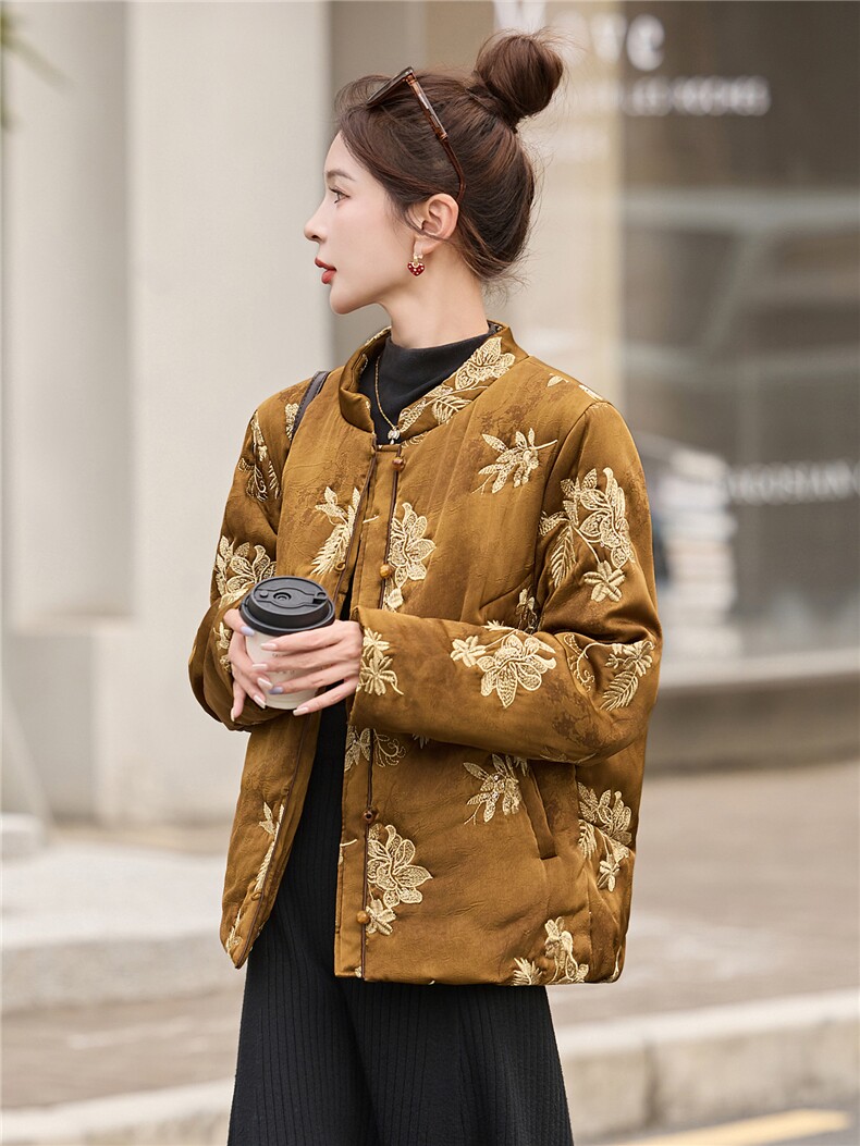 现货秋冬季薄棉绣花棉衣新中式复古洋气棉袄时尚潮流,女装棉衣/棉服,木橙西子