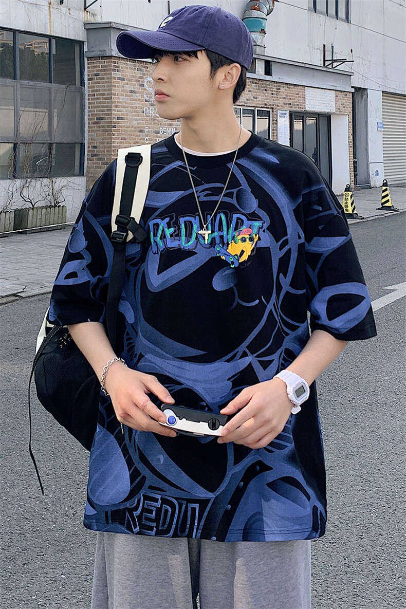 抖音得物供货港风40支双纱精梳印花圆领短袖T恤男女T7189-P45,男装T恤,电商A441-1