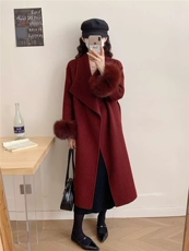 双面羊毛大衣女秋冬款韩系留洋千金中长款环保绒毛袖口，女装毛呢外套，宸诺服饰