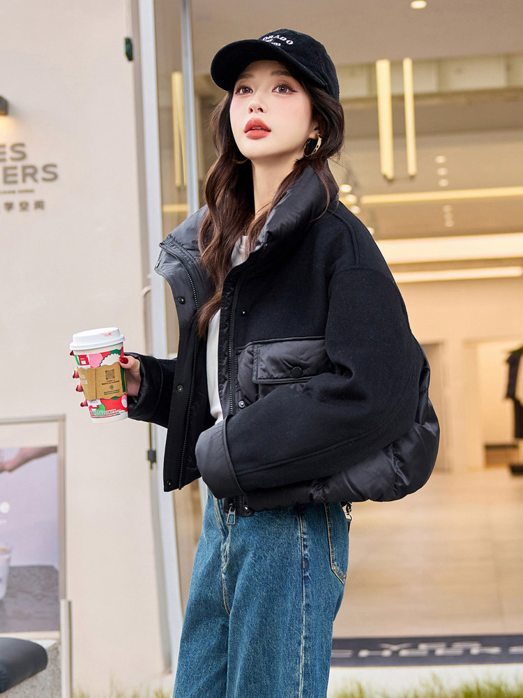立领毛呢拼接白鸭绒羽绒服女2025冬季时尚短外套大翻领,女装羽绒服,梦懿尔