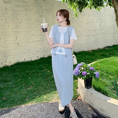 浅蓝色休闲套装女2025夏季新款韩系气质减龄马甲T恤半身裙三件套，女装套装/套裙，2C176