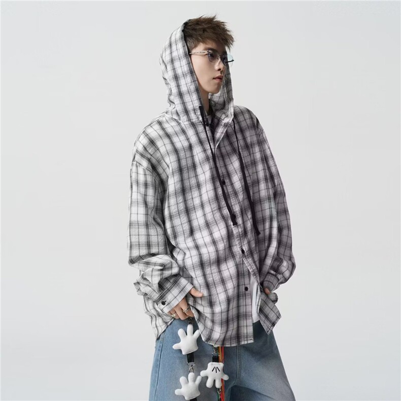 新款连帽长袖格子衬衫薄外套衬衣CS76-P42，男装衬衫，星座208-5