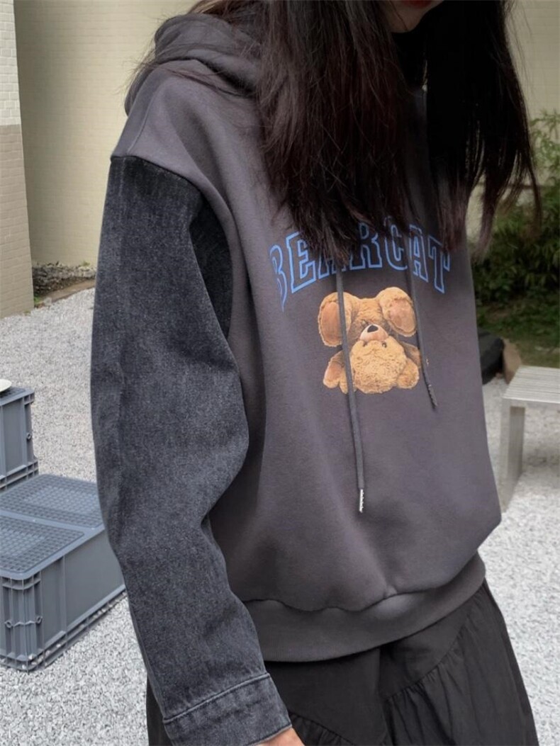 连帽印花卫衣袖子拼接牛仔，女装卫衣/绒衫，里奈(1F)