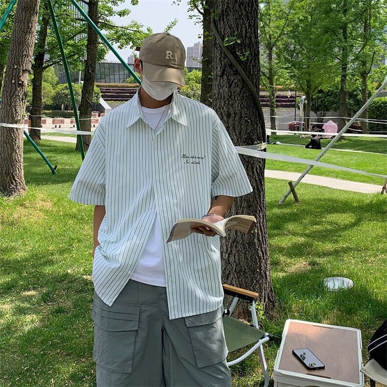 潮标准简约方领新款男条纹夏季潮流五分袖ins日常青春流行衬衫,男装衬衫,星座716-3