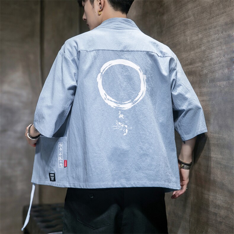 F868P45室内风2024春夏装新款风百搭休闲印花七分袖汉服外套,男装T恤,电商A026