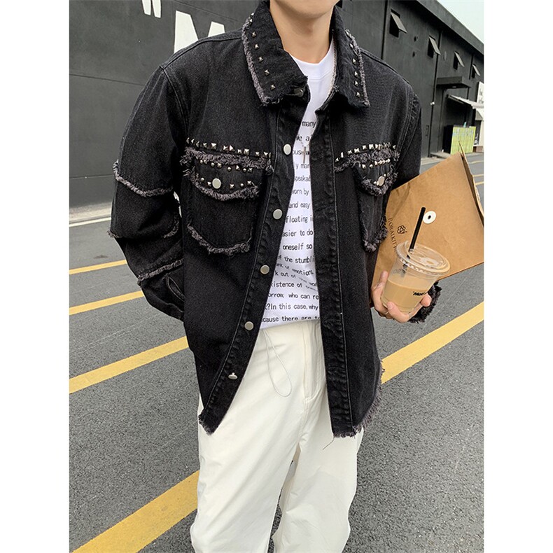 秋季新款港风美式痞帅设计感磨毛翻领牛仔夹克外套男 JK1281-P75图片