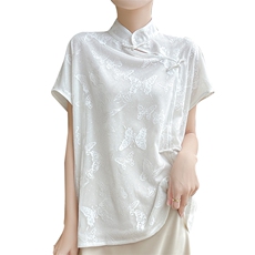 中式国风盘扣复古25年夏新款缎面丝滑提花短袖立领套头衬衫T恤女，女装蕾丝衫/雪纺衫，佳绒高端店