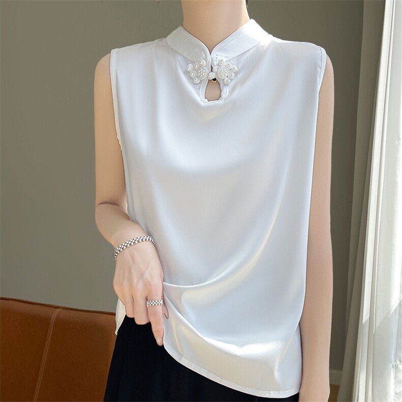 真丝立领打底背心女款内搭上衣夏季新中式国风盘扣外穿缎面小吊带，女装背心吊带，圣丽羊绒