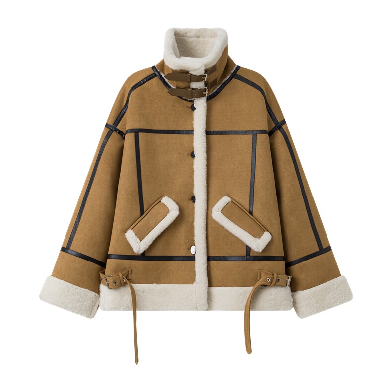 美式麂皮绒皮毛一体加绒外套女2025冬季新款咖色立领夹克机车服,女装皮草,2D008