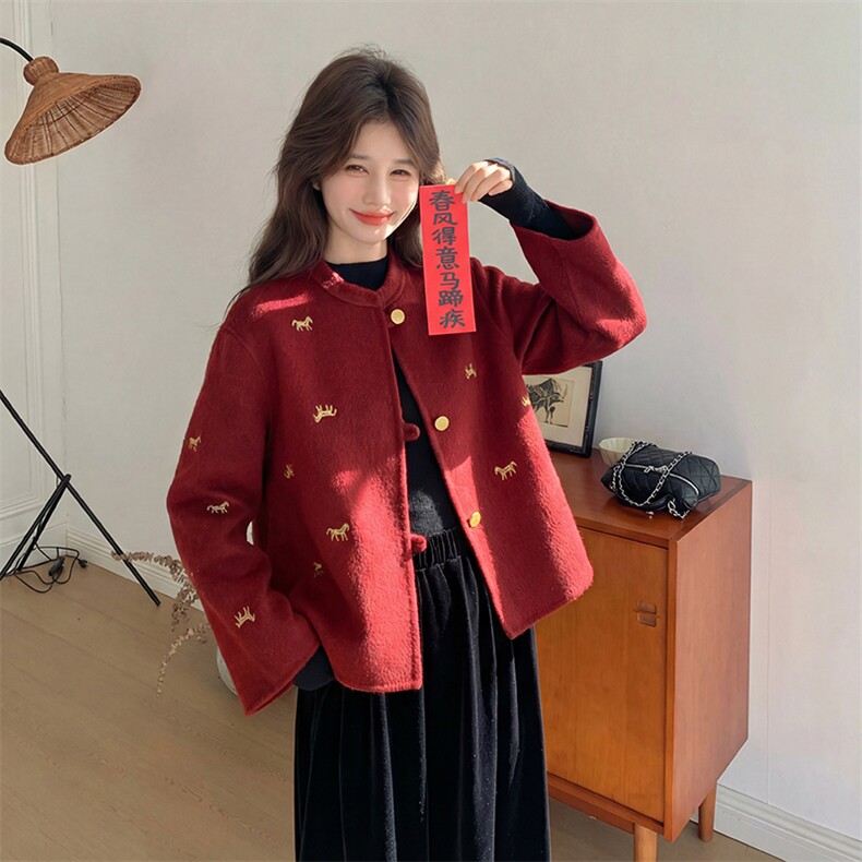 现货主推新款重工刺绣马到成功马年货双面羊毛呢外套p215-k328，女装毛呢外套，SL
