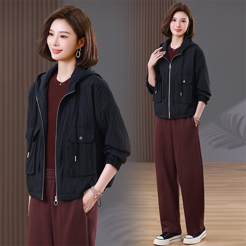 时尚百搭宽松显瘦长袖连帽夹克外套女秋装新款休闲短款上衣外套，女装短外套，韩派