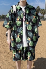 夏日大码套装宽松花衬衫男短袖痞帅休闲上衣两件套衣25裤20/TP45，男装衬衫，电商A012