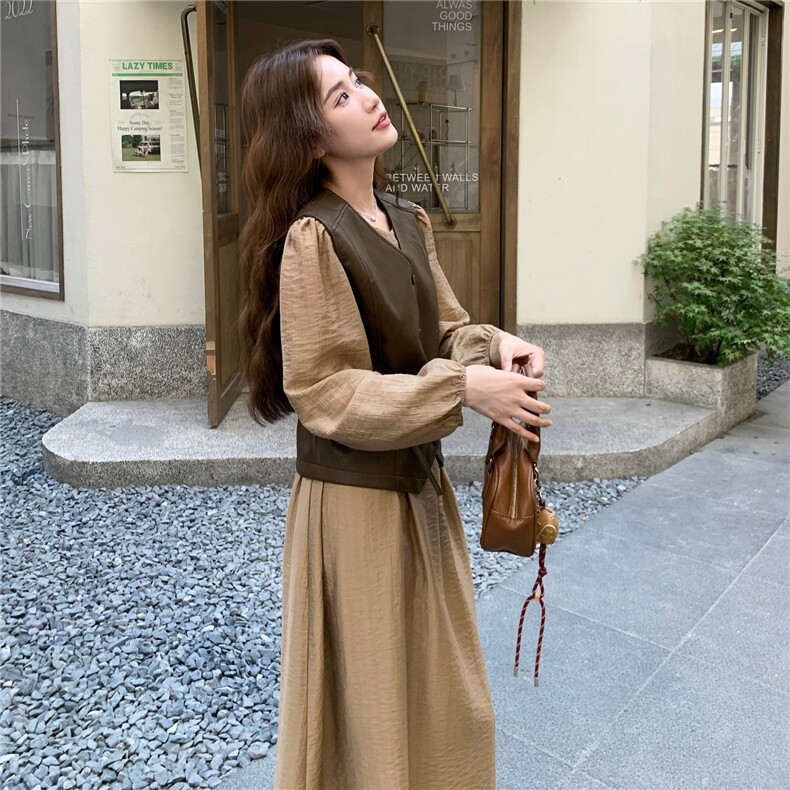 秋季连衣裙皮马甲时尚两件套女,女装套装/套裙,秋水欣儿