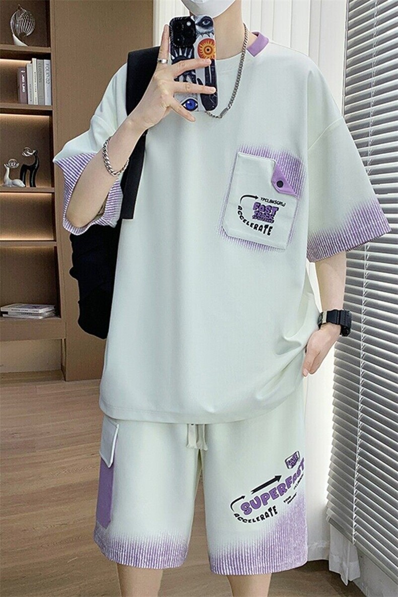 TZ25335-P55夏季休闲T恤短裤男两件套青少年学生运动短袖套装,男装牛仔裤,电商D310B