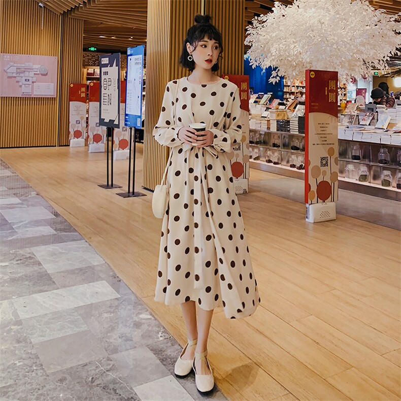 现货杏色复古波点圆点雪纺连衣裙1318A-6621138,女装连衣裙,西子