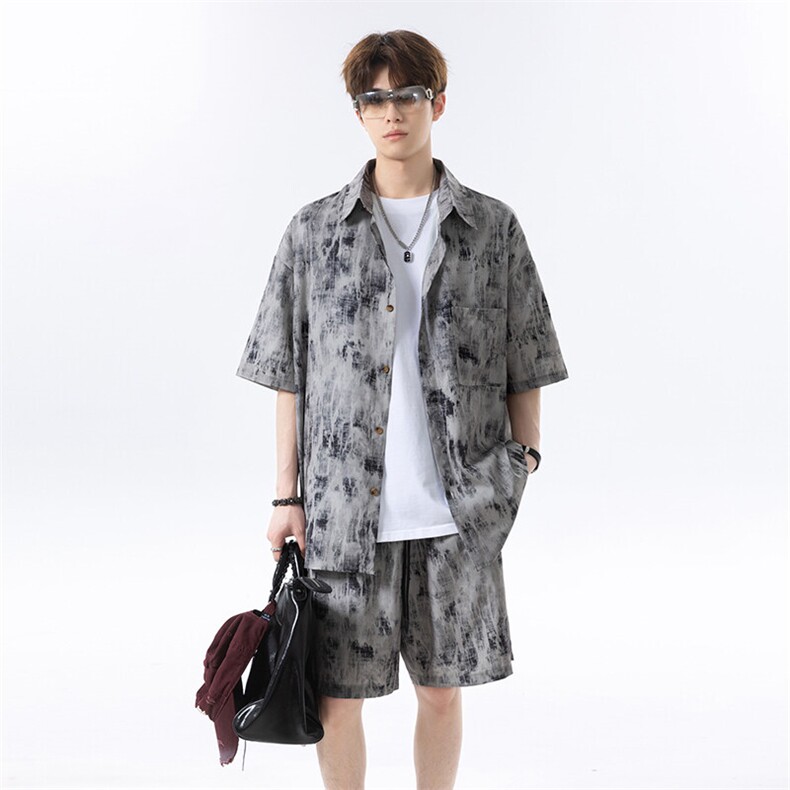 水墨扎染短袖衬衫套装DC2234上衣特P24控48/DK8614裤子特P20控39，男装衬衫，电商A007
