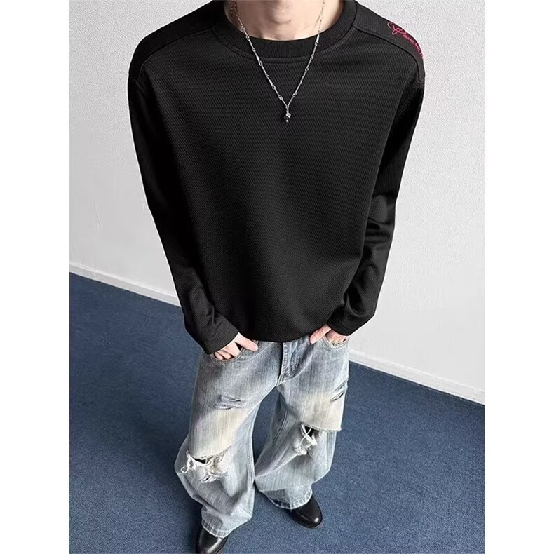 美式蜂窝红标刺绣长袖T恤男打底毛圈纯色卫衣圆领拼接上衣,男装T恤,星座302B-2