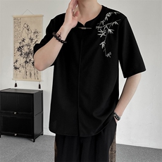 新中式金属扣风潮T恤短袖上衣竹子刺绣汉服时尚T2410-P55，男装T恤，电商A227