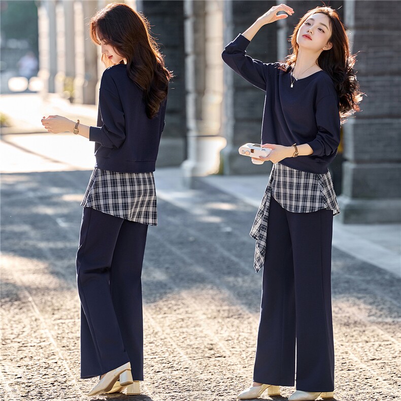 现货新款2025年秋季圆领时尚拼格子微喇叭裤套装两件套，女装套装/套裙，蓝诺裳