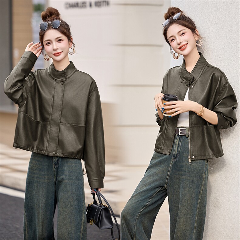 海宁2025新款气质时尚百搭拉链皮衣外套女高级感立领夹克，女装皮衣，美拉德工厂直营店