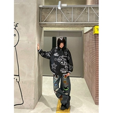 美式卡通毛巾绣牛仔裤男女设计感阔腿裤宽松拖地长裤LS41377-P58，男装牛仔裤，星座1008