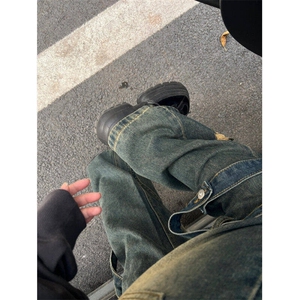 现货 潮牌时尚百搭直筒复古做旧水洗拼接设计牛仔裤LB3100-P58图片