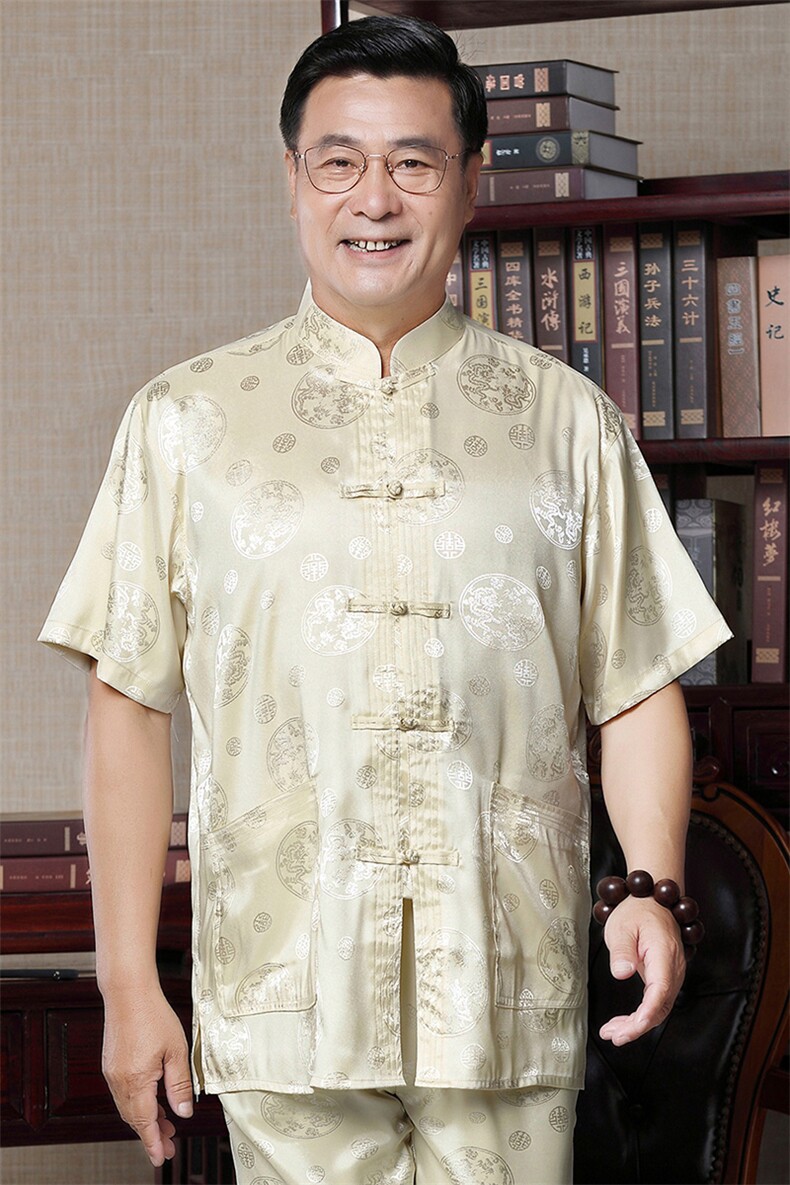 太极服男中老年唐装套装宽松绣花短袖汉服爸爸装中式冰丝薄款衬衫,男装中老年男装,钱塘723