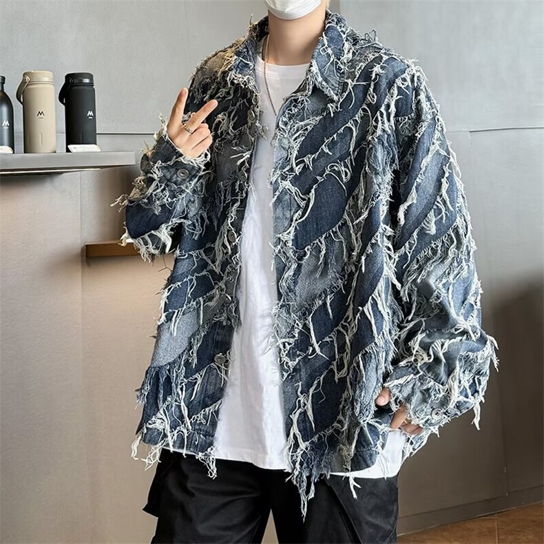 流苏拼色牛仔外套男韩版潮流高街帅百搭2024秋冬ins夹克W6102-P66图片