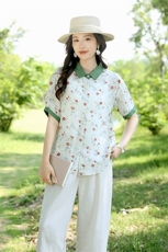 2025夏装新款温柔时尚显瘦复古撞色苎麻碎花衬衫直筒裤女，女装衬衫，凝聚力