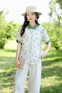 2025夏装新款温柔时尚显瘦复古撞色苎麻碎花衬衫直筒裤女图片