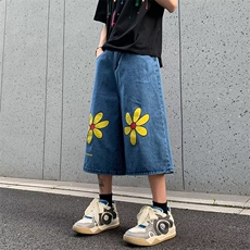 美式高街复古花朵刺绣牛仔短裤男女直筒阔腿休闲百搭夏季七分裤子，男装牛仔裤，星座1013