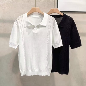 夏季清新纯色小V领针织polo衫男简约薄款透气短袖微阔上衣潮图片