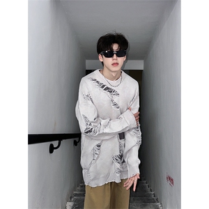 不规则撞色破洞针织衫男秋季复古宽松圆领毛衣 XZ514-2-24263-P86图片