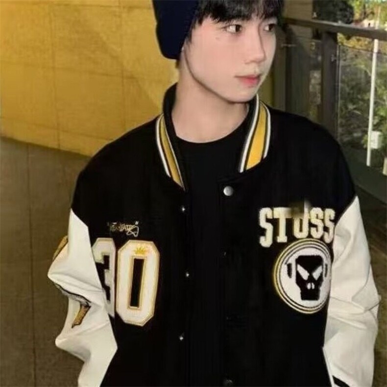 春秋新款美式高街外套棒球服拼接欧美男刺绣情侣宽松休闲夹克,男装夹克,星座506A