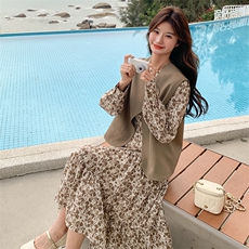 法式复古碎花连衣裙套装女2025春季新款轻熟风马甲长裙气质两件套，女装套装/套裙，2C053