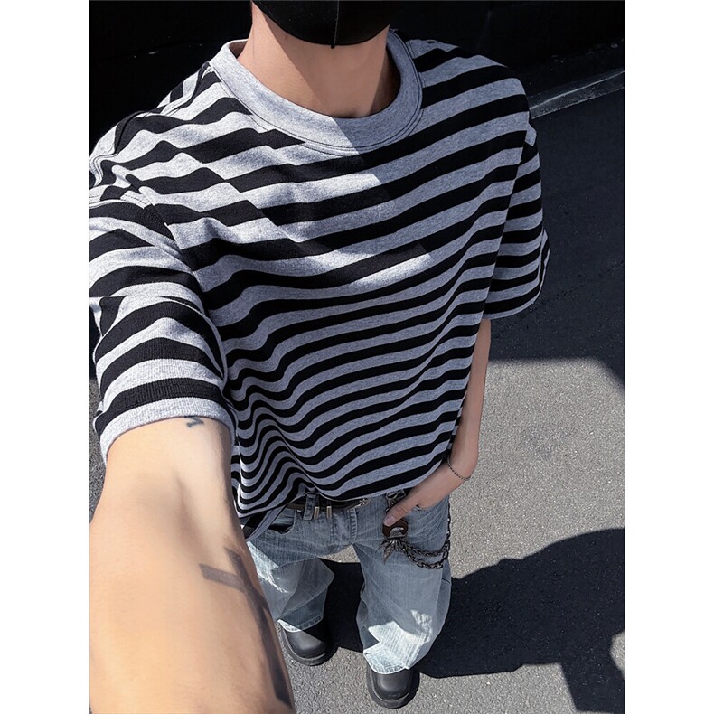 270克纯棉美式潮流条纹短袖男宽松透气高级水洗休闲圆领T恤P40，男装T恤，电商C306-1