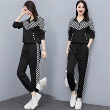 运动套装女2022新款洋气网红炸街休闲时尚棋盘格加绒卫衣两件套，女装套装/套裙，曼娅璐
