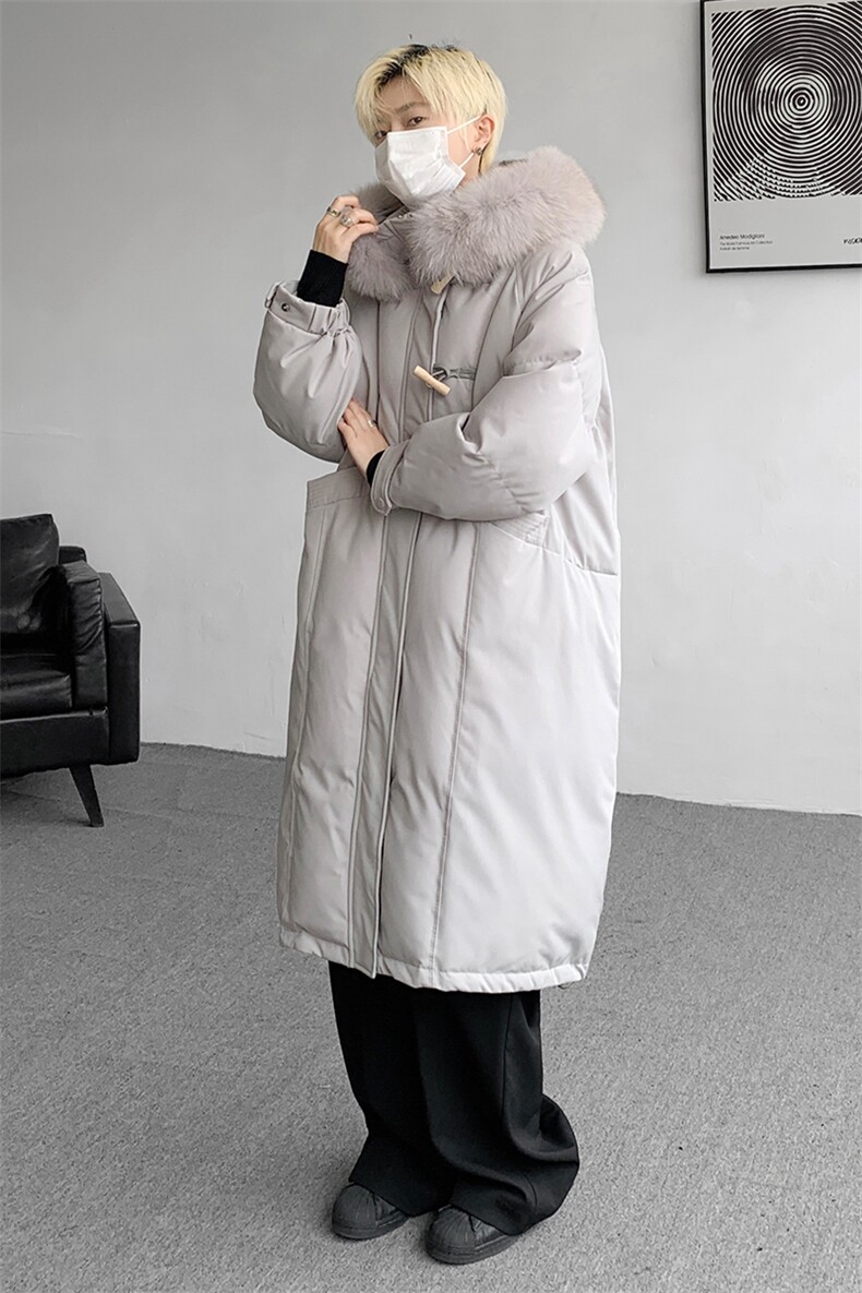 8XL-M90白鸭绒大毛领羽绒服男中长款过膝设计感牛角扣YRFC05P398,男装羽绒服,电商D206-1