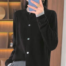 假两件羊毛针织开衫女撞色圆领宽松毛衣外搭2024春秋新款百搭外套，女装针织衫/毛衣，萱芳婷羊绒
