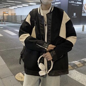 潮流夹克潮男春季毛呢皮袖外套J6502P65图片