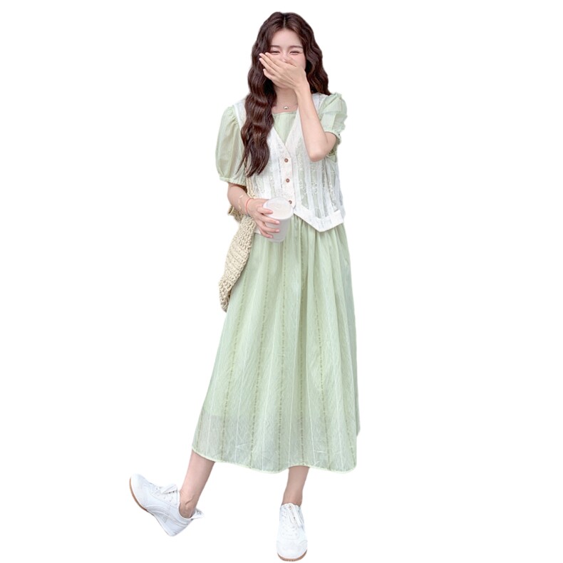 绿色小清新泡泡袖连衣裙套装女夏新款韩系时尚洋气蕾丝马甲两件套,女装套装/套裙,2C259