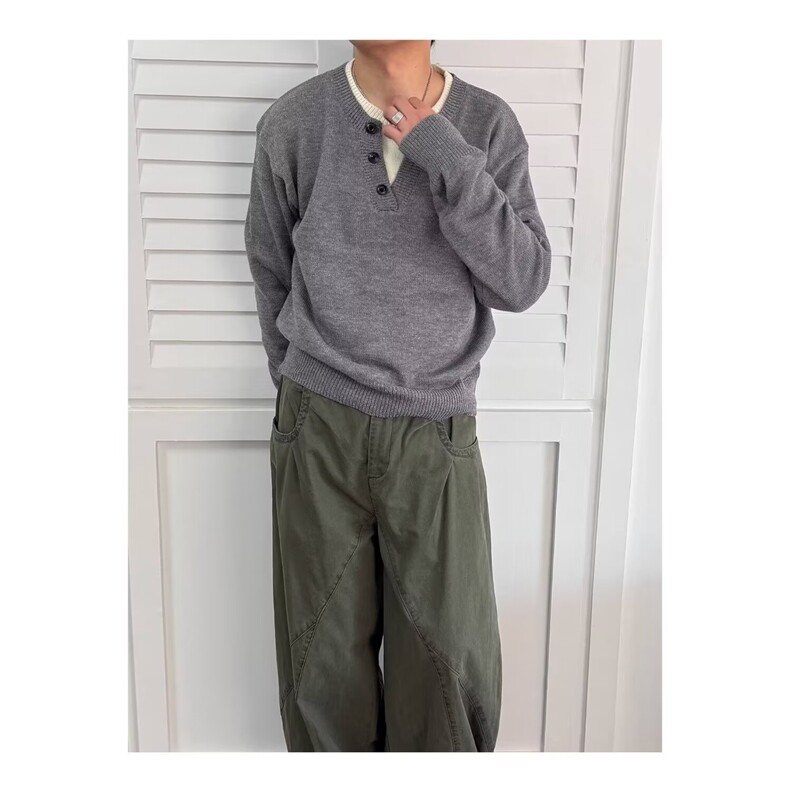 1506/QYM2400/P56秋冬复古百搭慵懒风亨利领纽扣圆领毛衣，男装针织衫/毛衣，星座1506
