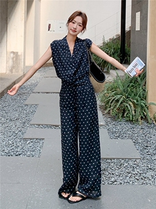 《现货26夏上新》100%苎麻波点无袖长裤气质舒适透气两件套女图片