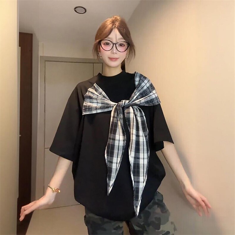 拼接格子布装饰高品质260克双纱纯棉美式高街短袖T恤特P35,男装T恤,电商A486