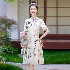 现货四季青十三行夏季国风新中式仿缎面印花提花短袖连衣裙旗袍，女装连衣裙，欣贝拉