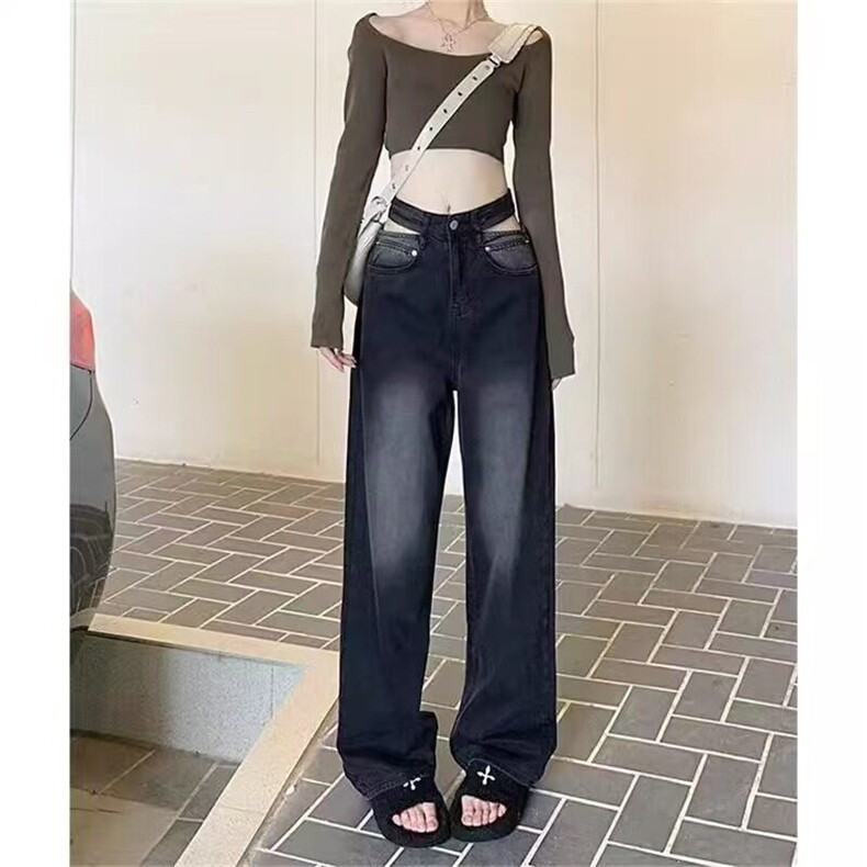 CP1241-P44复古阔腿牛仔裤女宽松设计感小众显瘦长裤子ins潮,男装牛仔裤,电商B323A