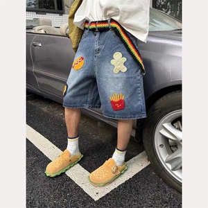 W9732-P50网图现货复古汉堡薯条毛巾绣牛仔短裤直筒阔腿五分裤